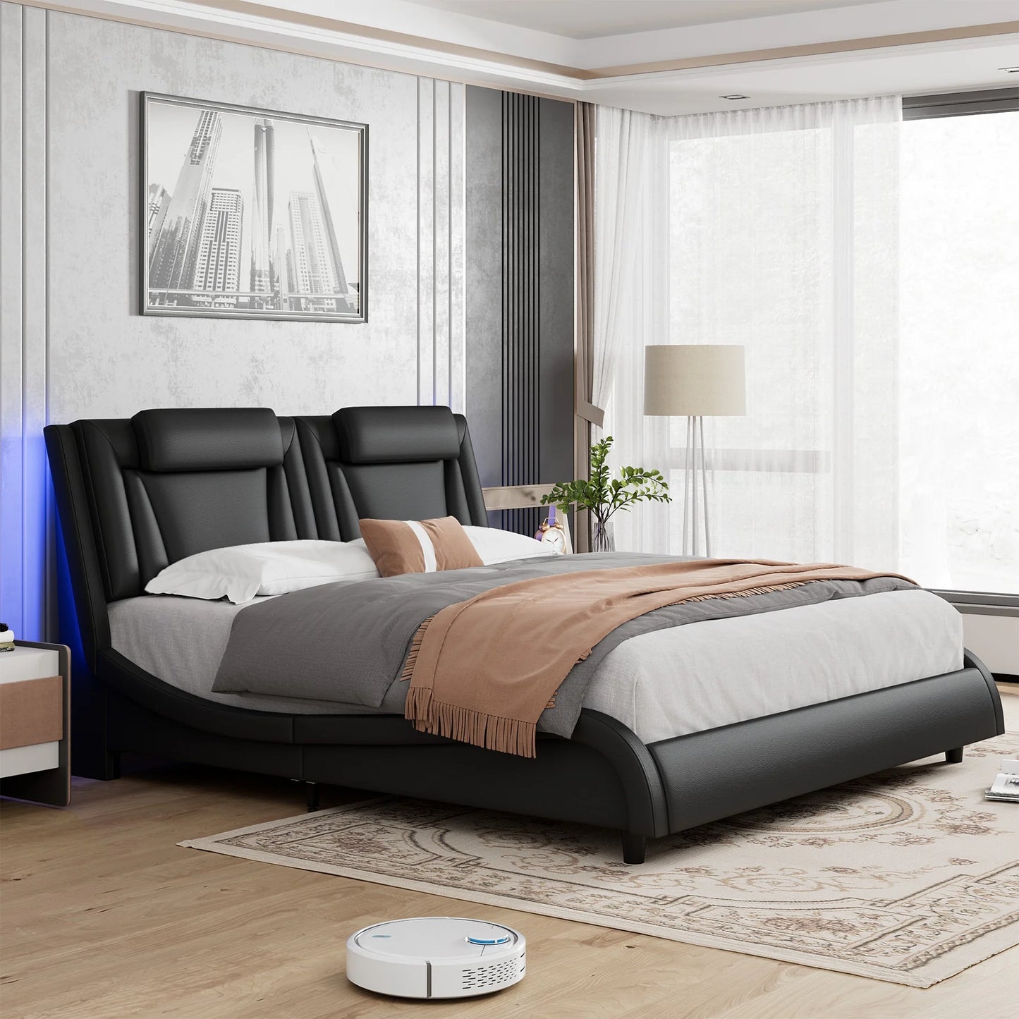 King Size LED Bed Frame with Pillows, PU Leather Curved Upholstered Platform Bed with Adjustable Headboard, White