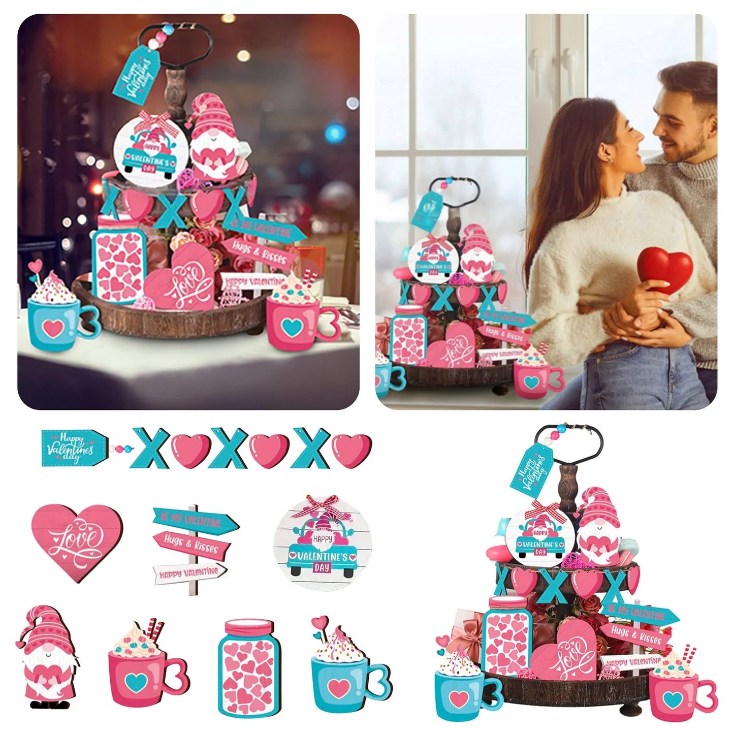 Valentine'S Day Tiered Tray Decor Valentine'S Day Table Wooden Sign Decorations Valentine'S Day Layered Tray Decoration Valentine'S Day Decoration Desktop Supplies (Tray Not Include)