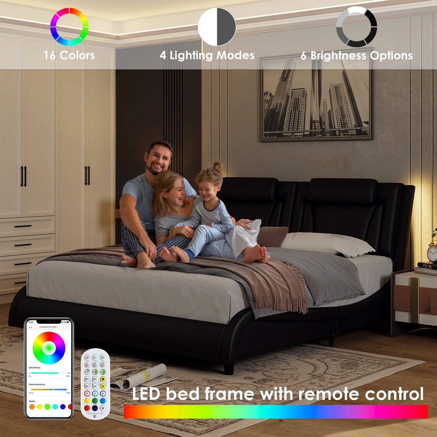 King Size LED Bed Frame with Pillows, PU Leather Curved Upholstered Platform Bed with Adjustable Headboard, White
