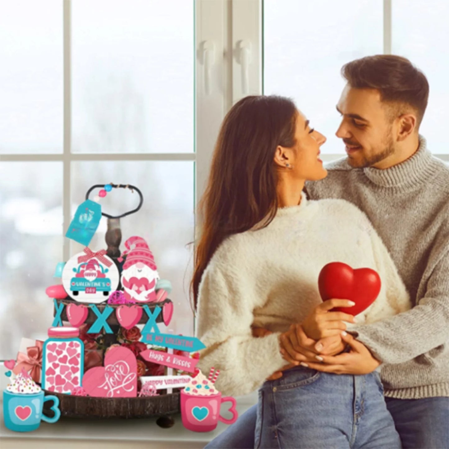 Valentine'S Day Tiered Tray Decor Valentine'S Day Table Wooden Sign Decorations Valentine'S Day Layered Tray Decoration Valentine'S Day Decoration Desktop Supplies (Tray Not Include)