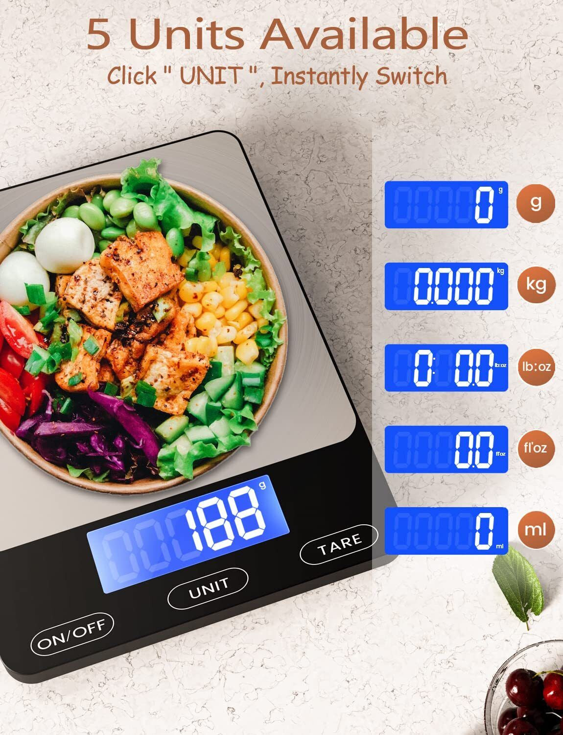 Food Scale -33Lb Digital Kitchen Scale for Food Ounces Grams Rechargeable 304