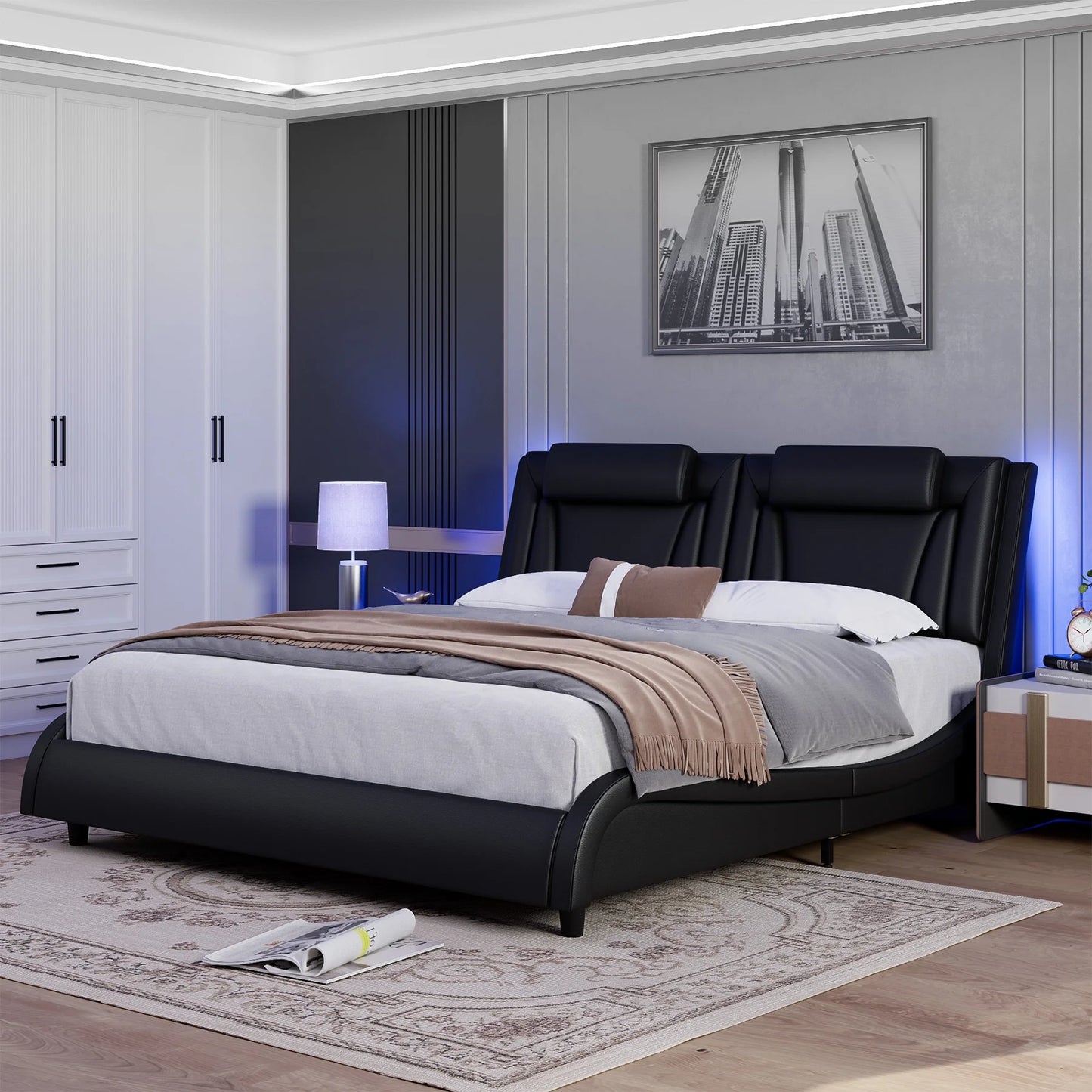 King Size LED Bed Frame with Pillows, PU Leather Curved Upholstered Platform Bed with Adjustable Headboard, White