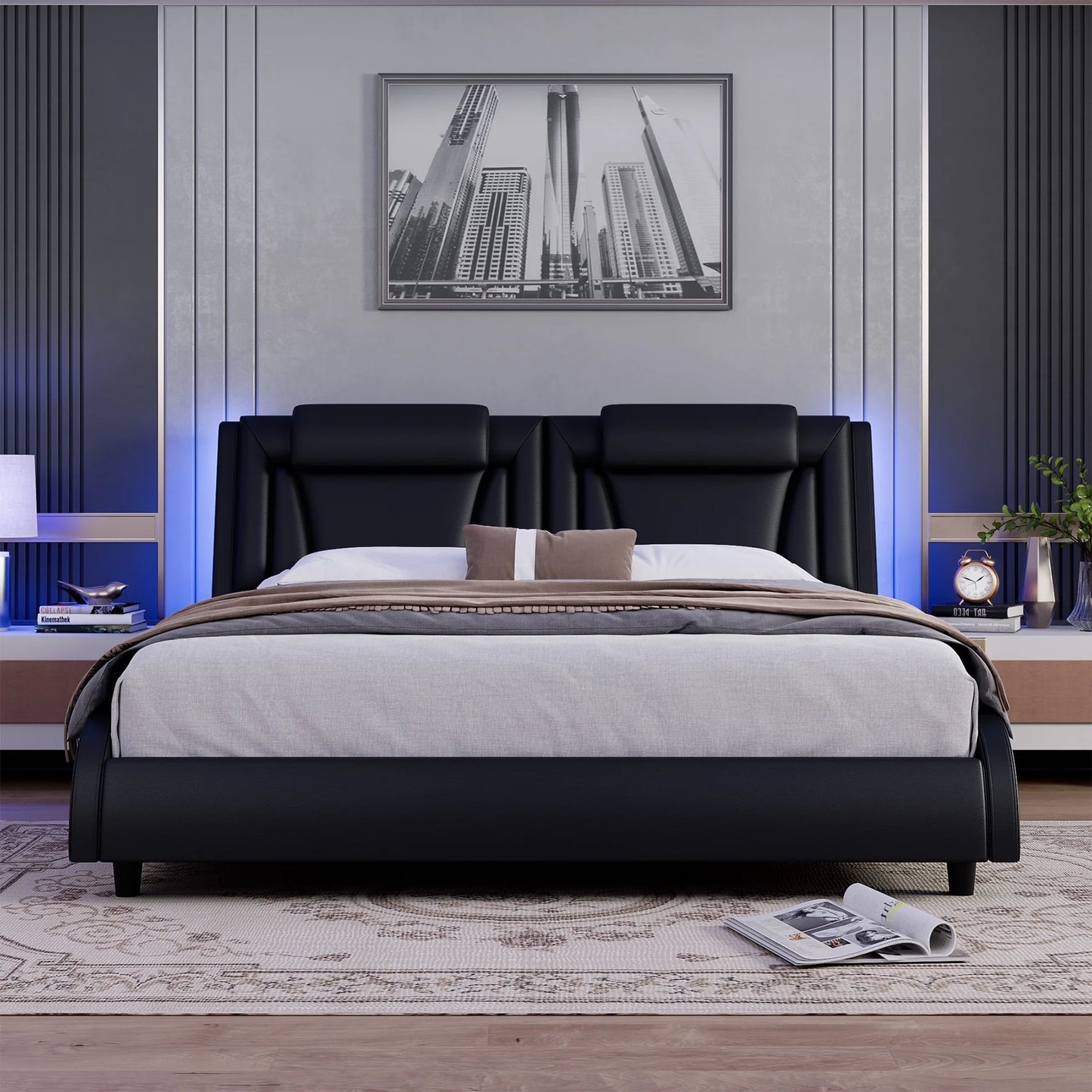 King Size LED Bed Frame with Pillows, PU Leather Curved Upholstered Platform Bed with Adjustable Headboard, White