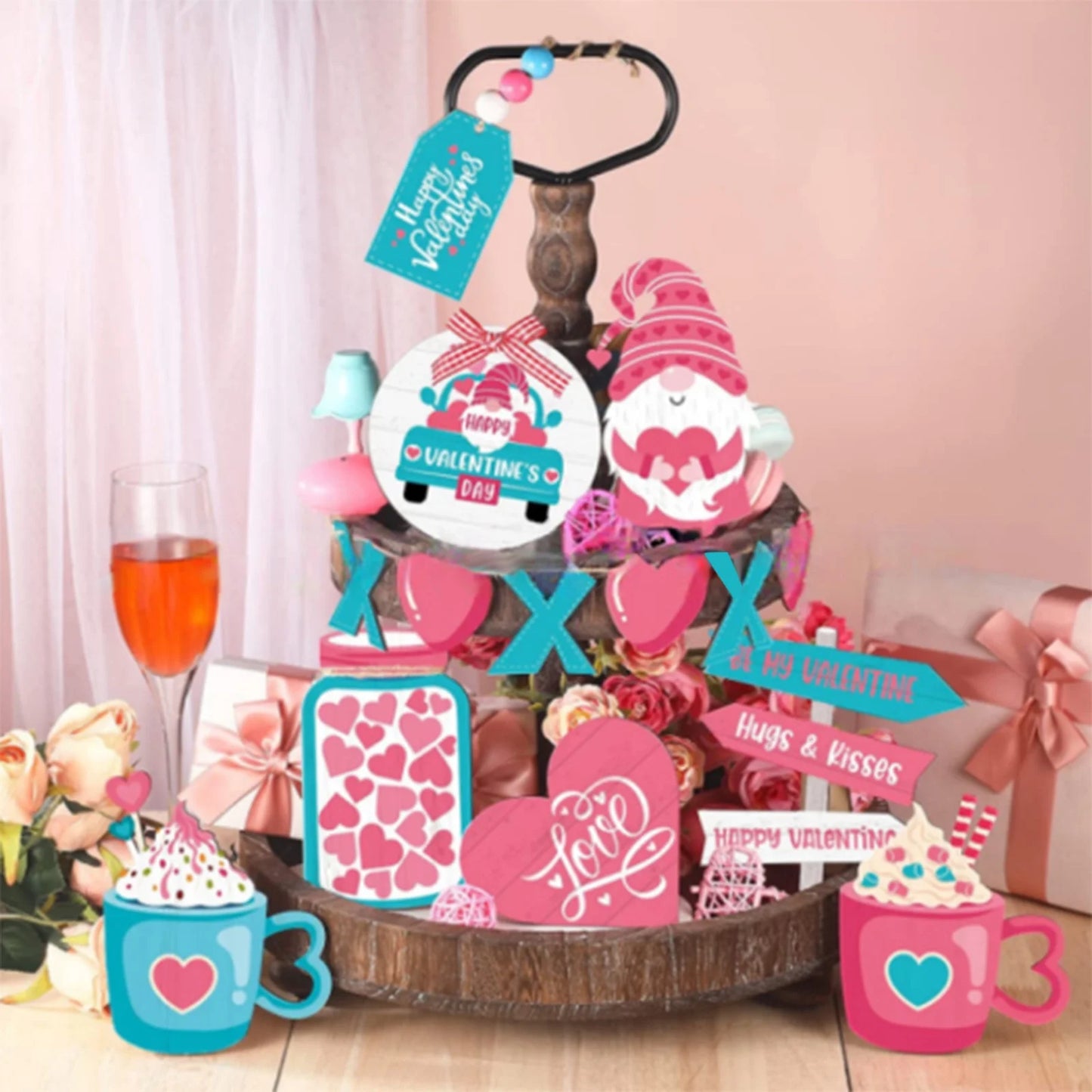 Valentine'S Day Tiered Tray Decor Valentine'S Day Table Wooden Sign Decorations Valentine'S Day Layered Tray Decoration Valentine'S Day Decoration Desktop Supplies (Tray Not Include)