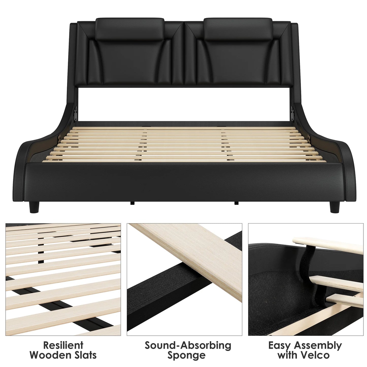 King Size LED Bed Frame with Pillows, PU Leather Curved Upholstered Platform Bed with Adjustable Headboard, White