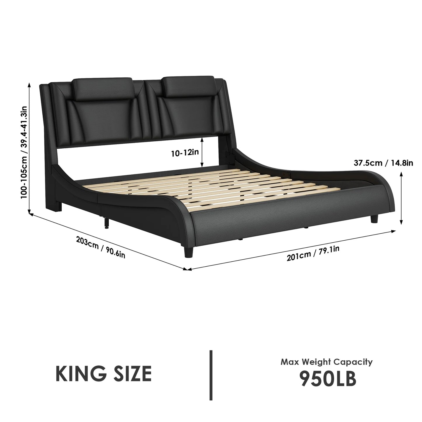 King Size LED Bed Frame with Pillows, PU Leather Curved Upholstered Platform Bed with Adjustable Headboard, White