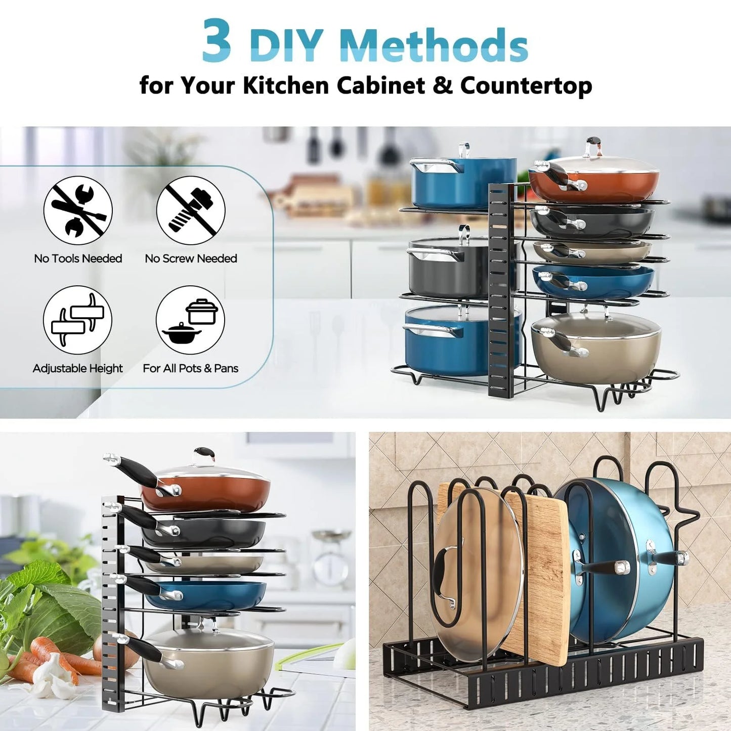 (4 Pack) Pot Organizer Rack 8 Tiers Pots and Pans Organizer, Pot Lid Organizer for Kitchen Cabinet Cookware Organizers and Storage,Upgraded
