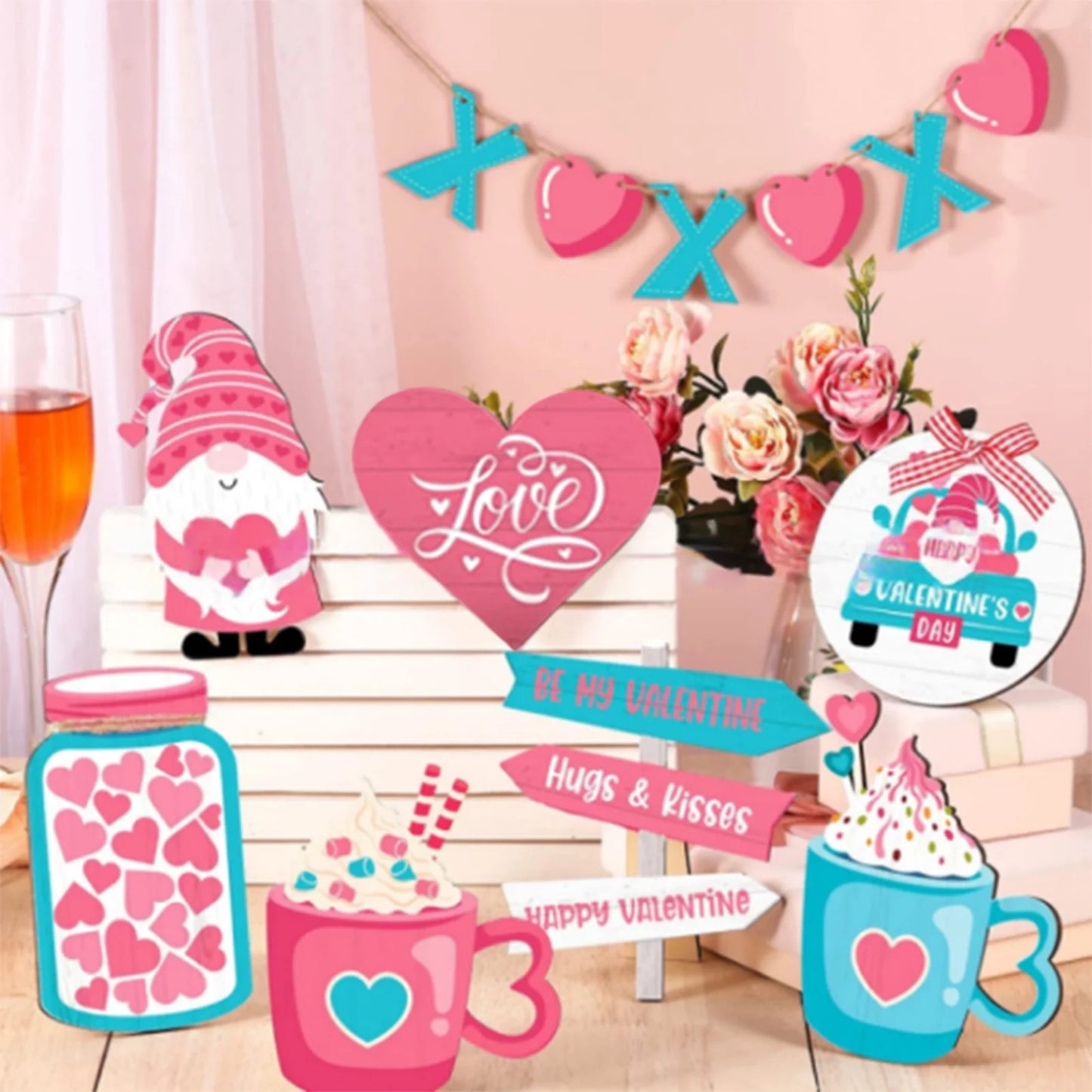 Valentine'S Day Tiered Tray Decor Valentine'S Day Table Wooden Sign Decorations Valentine'S Day Layered Tray Decoration Valentine'S Day Decoration Desktop Supplies (Tray Not Include)