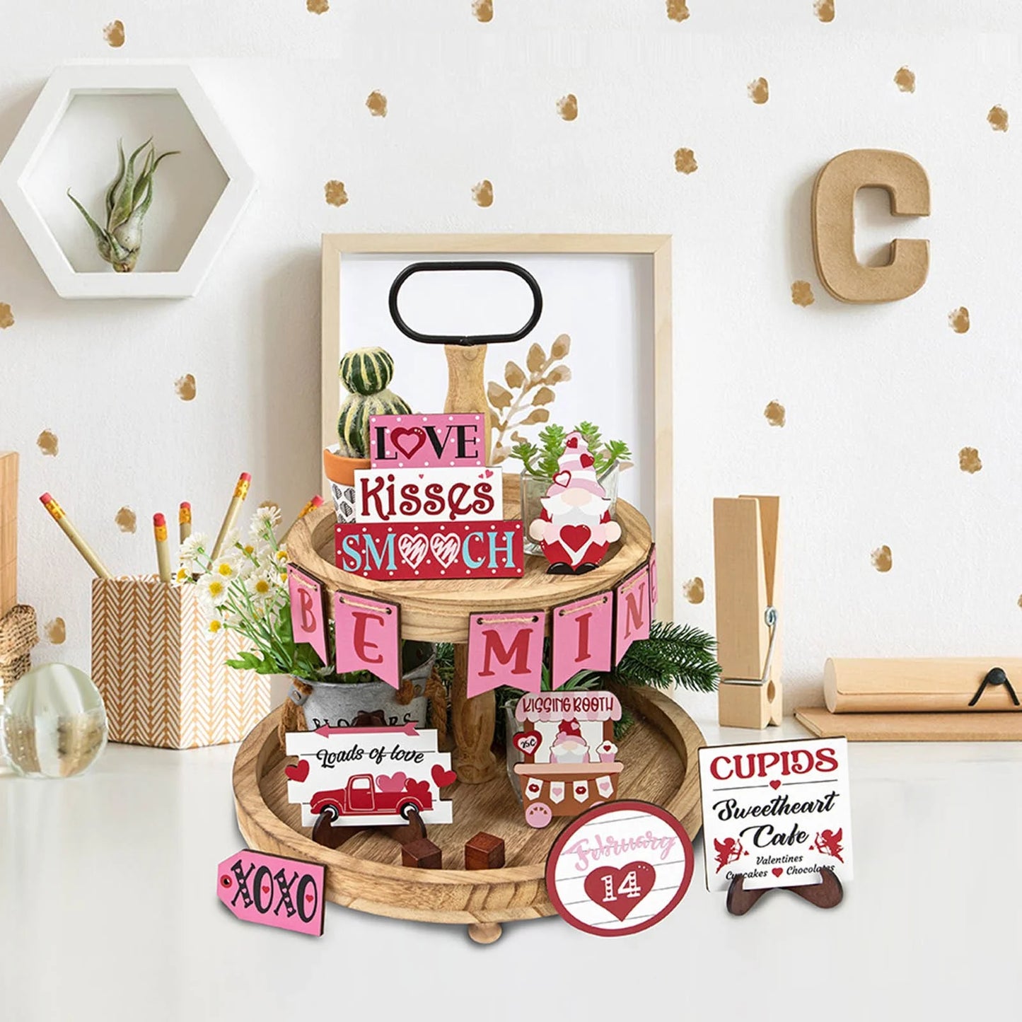 Valentine'S Day Tiered Tray Decor Valentine'S Day Layered Pallet Decoration Cute Valentine'S Day Decorative Enthusiasts Birds Love Layered Pallet Wedding Anniversary Party Supplies (Tray Not Include)