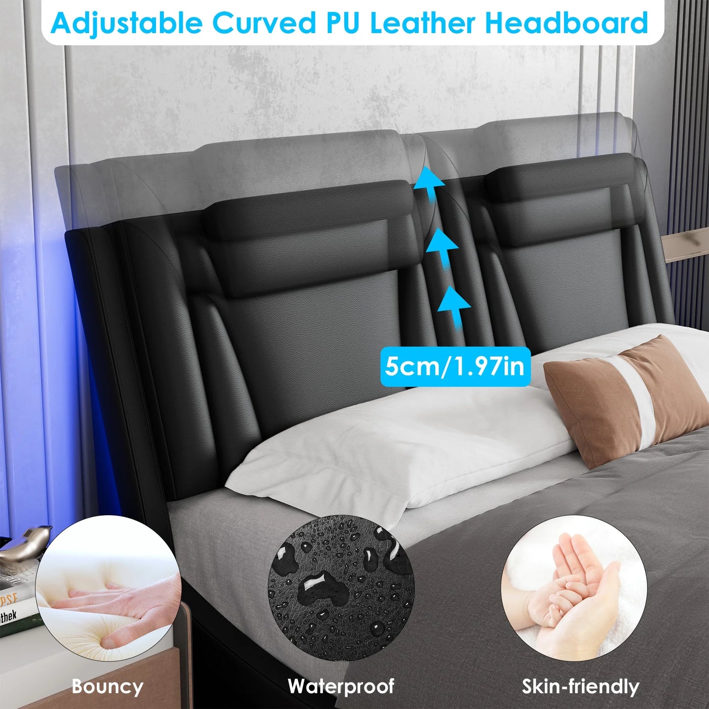 King Size LED Bed Frame with Pillows, PU Leather Curved Upholstered Platform Bed with Adjustable Headboard, White