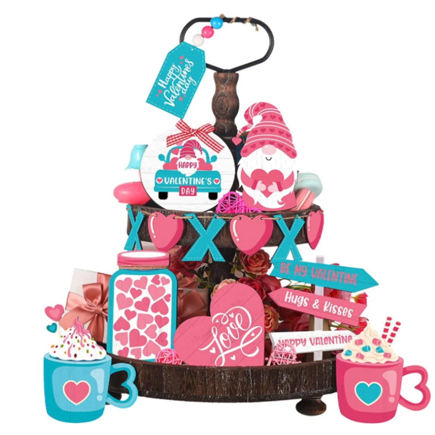 Valentine'S Day Tiered Tray Decor Valentine'S Day Table Wooden Sign Decorations Valentine'S Day Layered Tray Decoration Valentine'S Day Decoration Desktop Supplies (Tray Not Include)