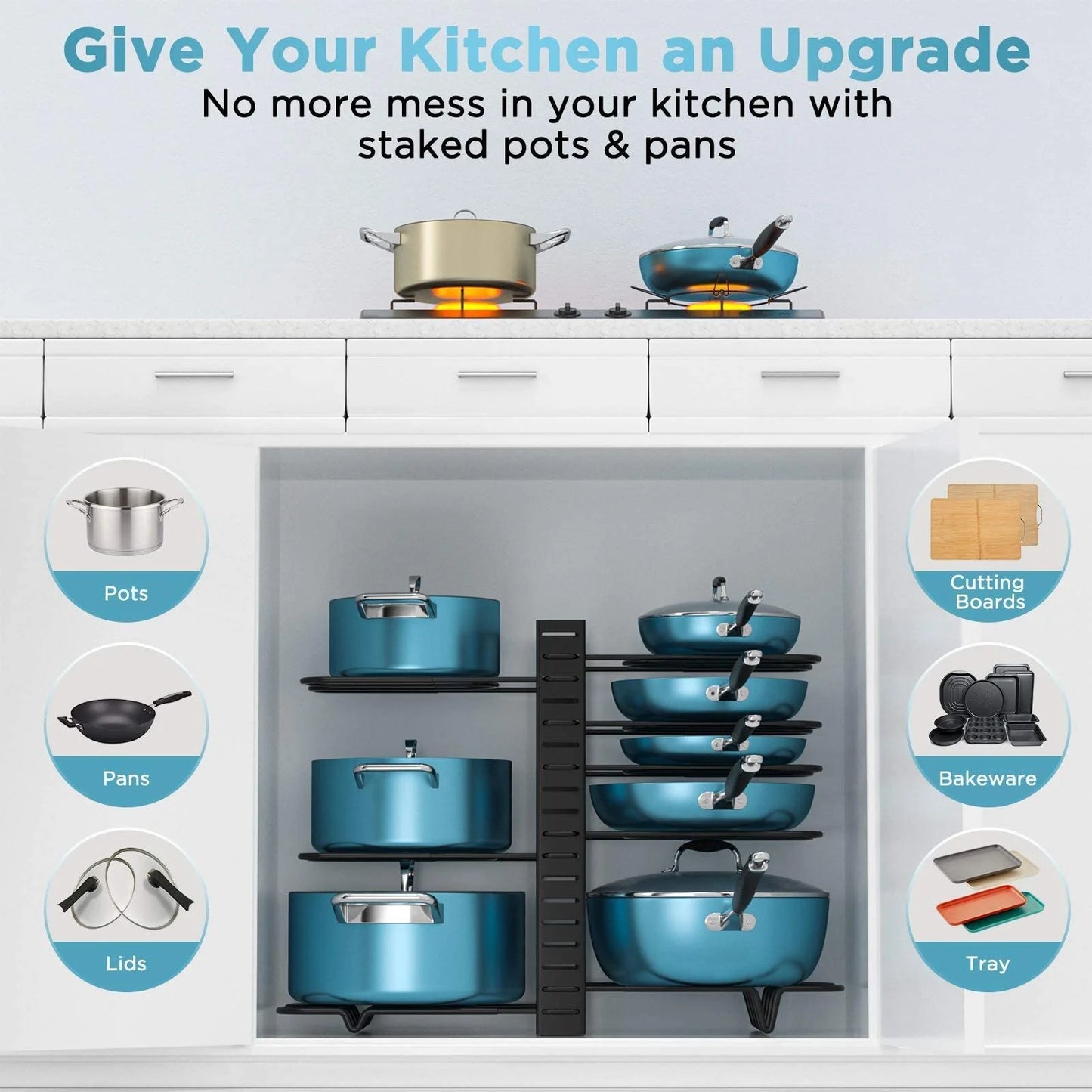 (4 Pack) Pot Organizer Rack 8 Tiers Pots and Pans Organizer, Pot Lid Organizer for Kitchen Cabinet Cookware Organizers and Storage,Upgraded