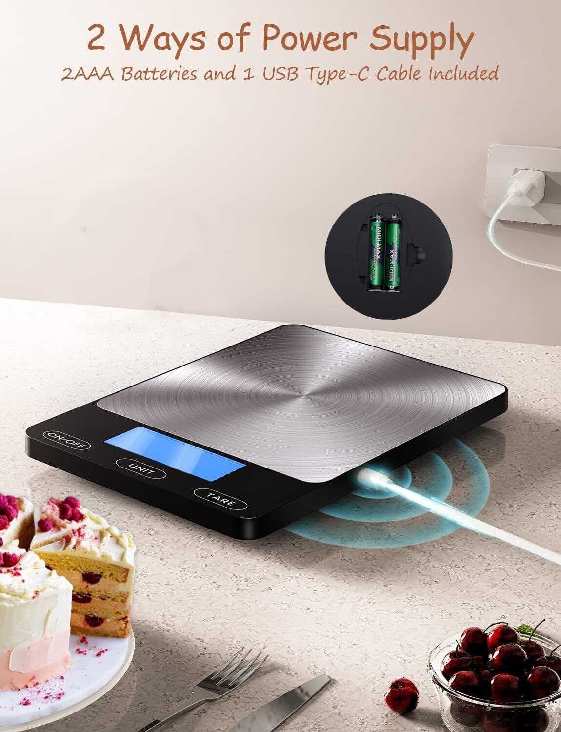 Food Scale -33Lb Digital Kitchen Scale for Food Ounces Grams Rechargeable 304