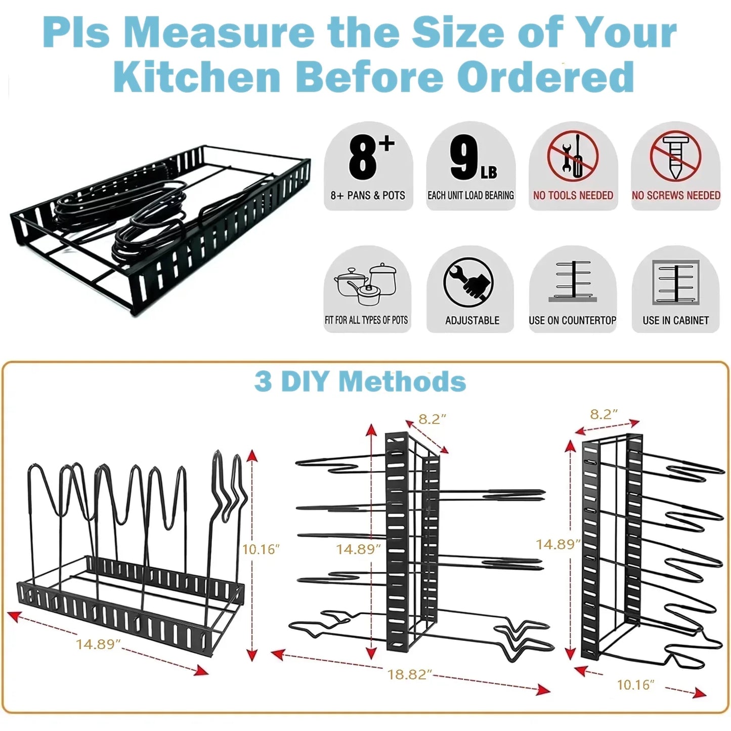 (4 Pack) Pot Organizer Rack 8 Tiers Pots and Pans Organizer, Pot Lid Organizer for Kitchen Cabinet Cookware Organizers and Storage,Upgraded