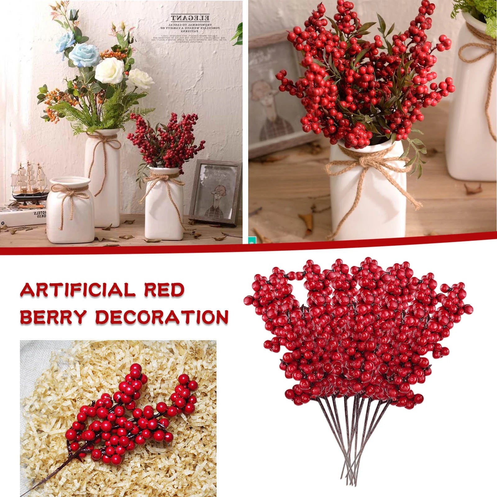 Home Decor Red Berry Pick Holly Branch Wreath Tree Hanging Decoration Fake Flowers in Vase